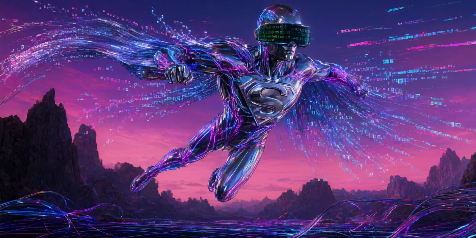 Supra, the chrome superhero, flying with a fiber-optic cape streaming data, Ping darting beside