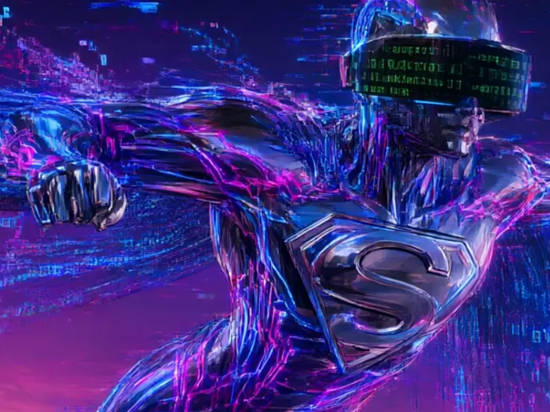 The cables twist together into a chrome figure bursting with neon light