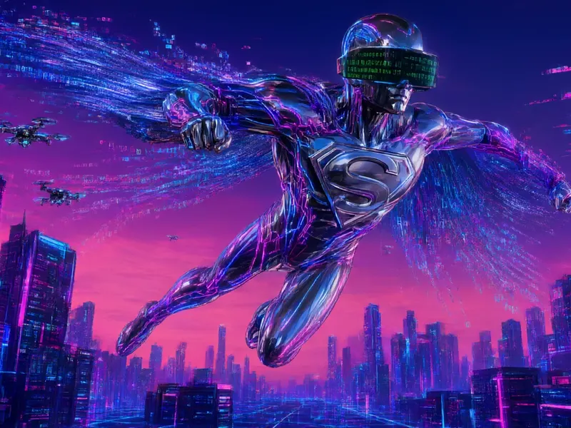 Supra rocketing upward in a heroic flying pose, cape trailing pixel streaks